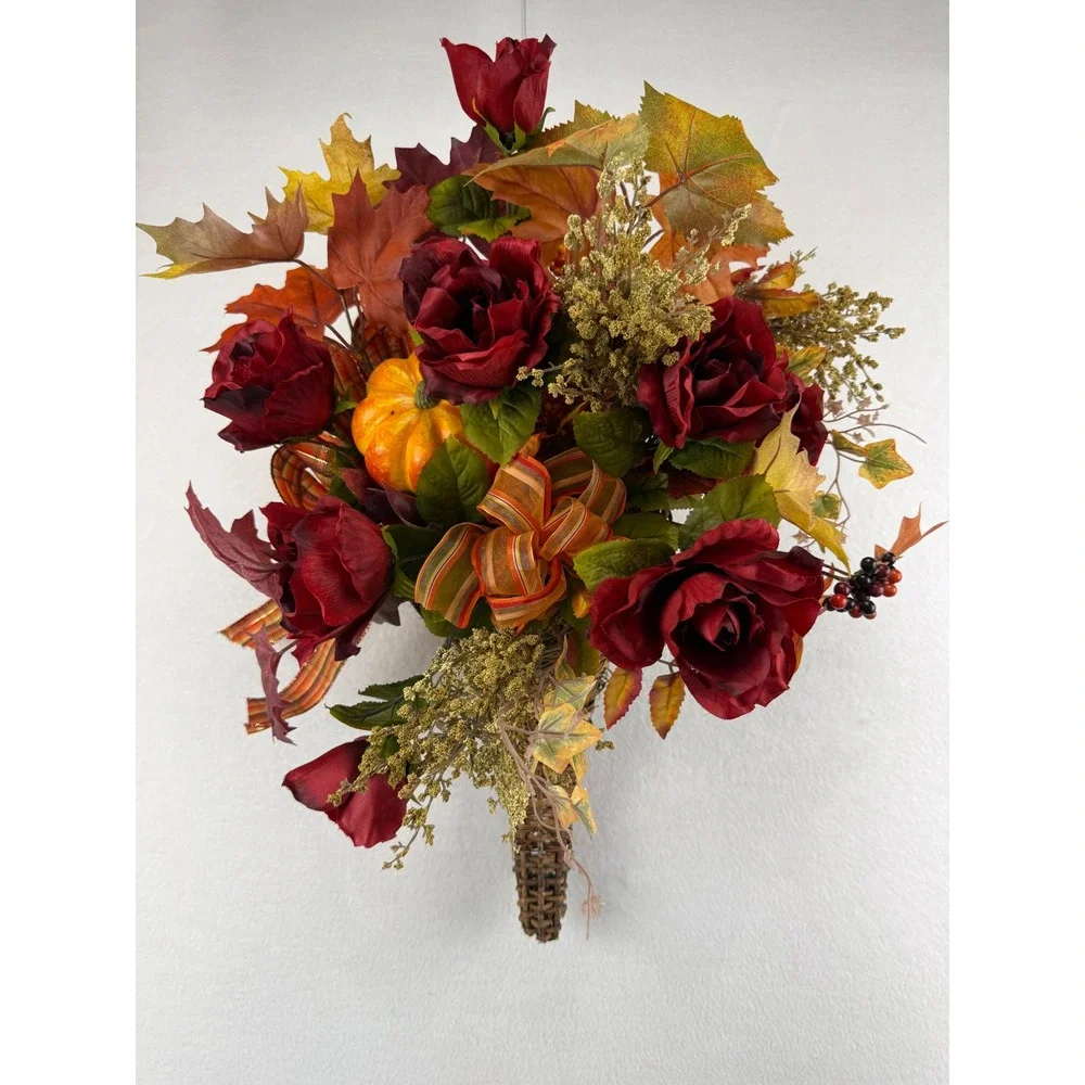 Fall Floral Cornucopia Wicker Basket Red Roses Pumpkin Harvest Decor